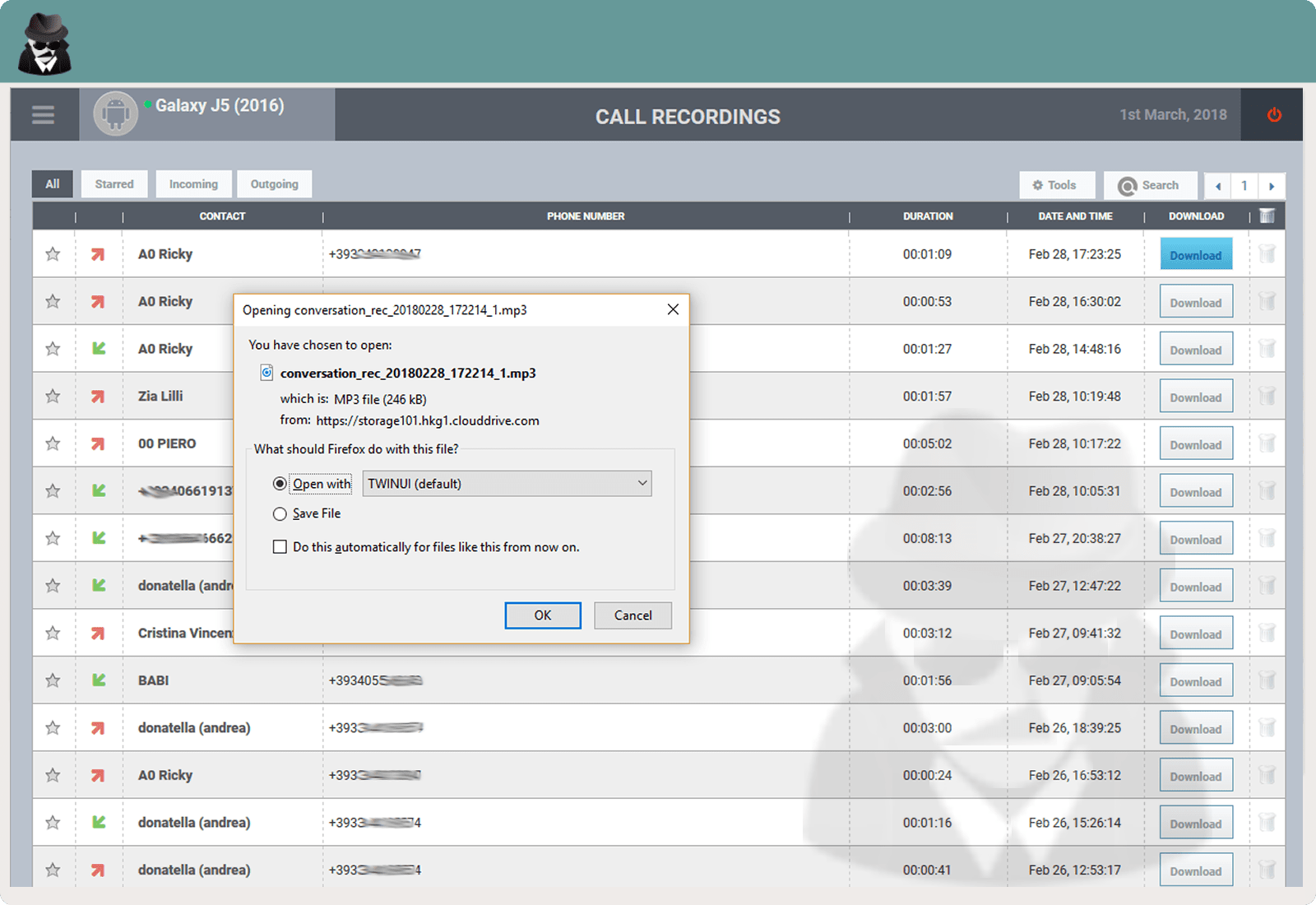 Capture d'écran de GsmSpy Enregistrement d'appels